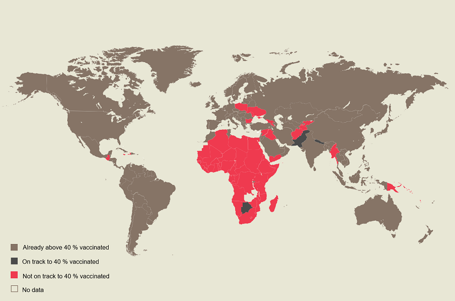A map with countries with 40% vaccination rates in February 2022.