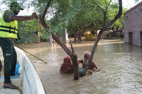 elderly couple up to their armpits in water holding on to a tree and aid workers in a small boat
