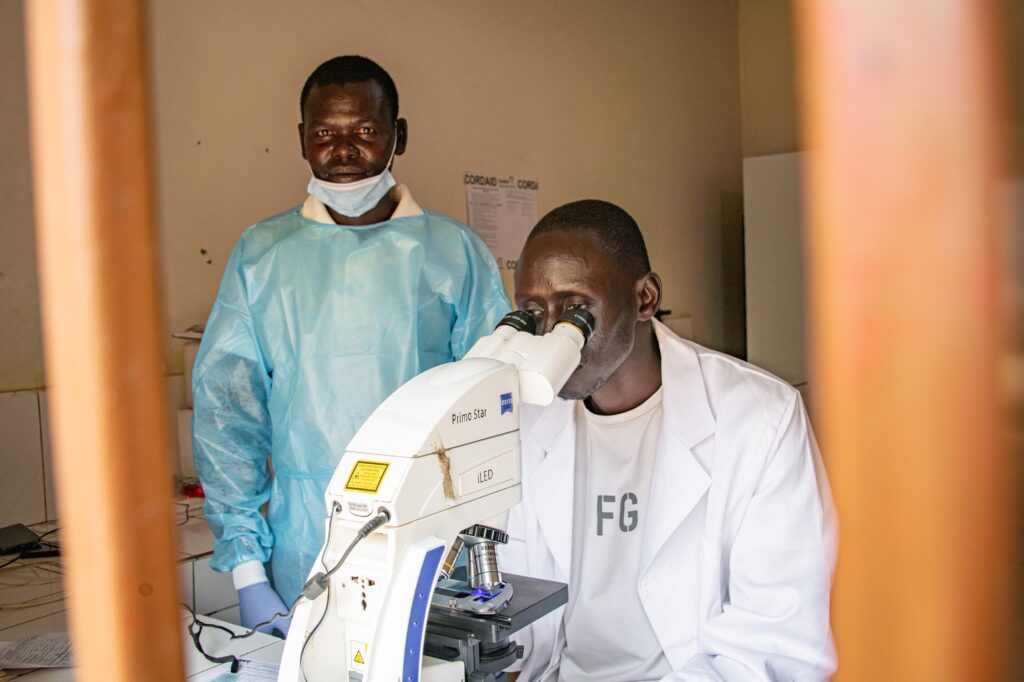 Lab staff in a clinic in South Sudan.
